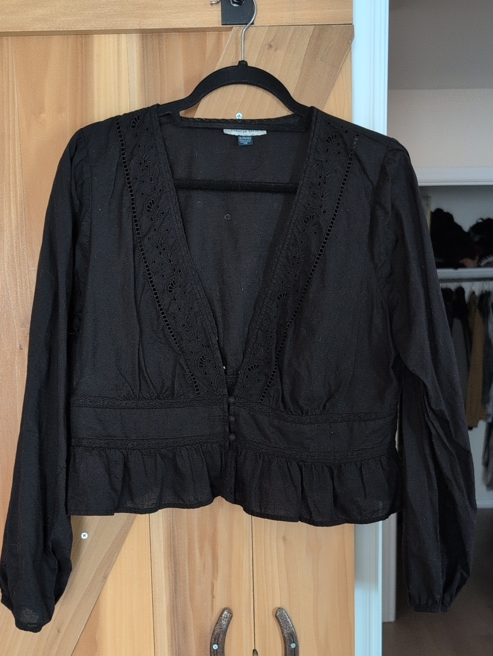 American Eagle Outfitters Black Lace-Trim Deep V Peplum Top